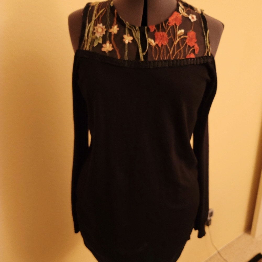 Black Cold Shoulder Sweater Top With Upper Colorful Insets Of Flowers
